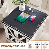 JXQTLINGMU Farmhouse End Table, 24" Large Sofa Side Table with Charging Station, Mesh Barn Door, and Adjustable Storage Shelf, Rustic Wood Square Nightstand for Living Room, Bedroom, Office, White JXQTLINGMU