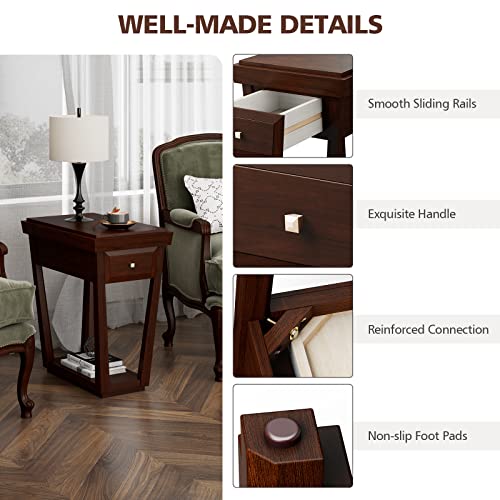 Giantex Wood End Table with Drawer, 2-tier Retro Side Table with Storage Shelf, Narrow Nightstand for Small Space, Sofa Accent Table for Living Room Bedroom Office (1) - WoodArtSupply