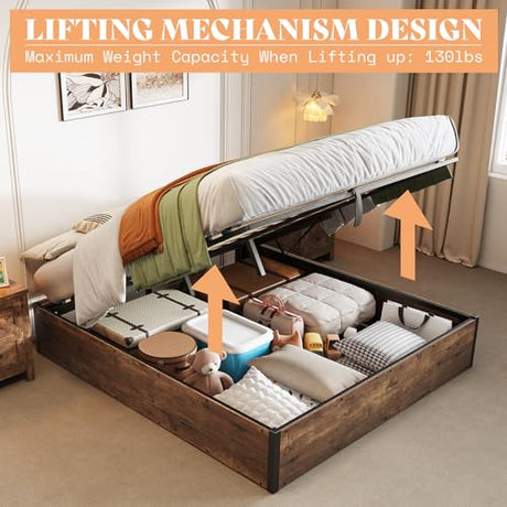 AMERLIFE Lift Up Storage Bed, Full Bed Frame with Storage Underneath, Wooden Platform Bed Frame, Solid Wood Slats Support, No Fixed Headboard, No Box Spring Needed, Brown AMERLIFE
