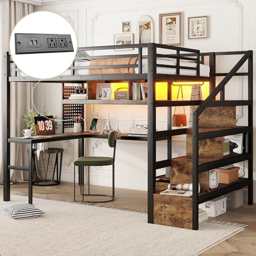 Full size Loft Bed with LED Light and Stairs, Metal Loft Bed Frame with Desk, Storage Drawers & Shelves, Hanging Rod, Gaming Lofts Beds with Charging Station for Adults Teens Kids Gamer, Black Mirightone