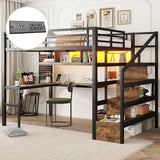Full size Loft Bed with LED Light and Stairs, Metal Loft Bed Frame with Desk, Storage Drawers & Shelves, Hanging Rod, Gaming Lofts Beds with Charging Station for Adults Teens Kids Gamer, Black Mirightone
