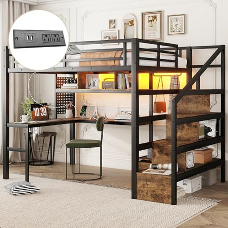 Full size Loft Bed with LED Light and Stairs, Metal Loft Bed Frame with Desk, Storage Drawers & Shelves, Hanging Rod, Gaming Lofts Beds with Charging Station for Adults Teens Kids Gamer, Black Mirightone