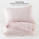 HORIMOTE HOME Pink Ruffled Quilt Queen Size, Stone-Washed Microfiber Lightweight Crinkled Farmhouse Rustic Shabby Chic Bedding Set, 3 Pieces Reversible Bedspread with Pillow Shams for All Season HORIMOTE HOME