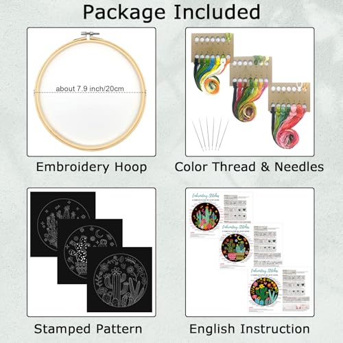 Nuberlic 3 Pack Embroidery Kit for Beginner Adults, Stamped Cross Stitch with Cactus Patterns Include 3 Hoop, Cloth Thread Needles and Instructions