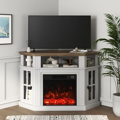 YESHOMY Corner Fireplace TV Stand for Television up to 55" with Storage Cabinets, Entertainment Center, Media Console for Living Room, Bedroom, White＆Rustic YESHOMY