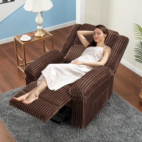 Garvee Corduroy Recliner Chair, Manual Recliner Sofa with Handle, Pillow Top Arms, Thick Padding, Side Pocket, 330Lbs Capacity, Adjustable Recliner for Living Room, Bedroom, Home Theater, Brown