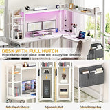 Aheaplus L Shaped Desk with Power Outlet, L Shaped Gaming Desk with Led Light & Hutch, Reversible Home Office Desk, Corner Computer Desk Writing Desk with Monitor Stand & Storage Shelves, White Aheaplus
