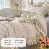 AMZTOP Blue Beige Floral Rabbit Duvet Cover Queen Size with 2 Pillowcases,100 Cotton Muslin Gauze Bed Set for Baby Kids,Lightweight Breathable Lace Ruffle Duvet Covers Teen Girls Queen 90"×90" AMZTOP