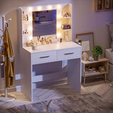 JUMMICO Makeup Vanity Desk with Mirror and Lights Power Outlet, Vanity Table Makeup Desk 2 Drawers, 6 Storage Shelves Hairdryer Holder & Bench Dressing Table for Bedroom (White, No Bench) JUMMICO