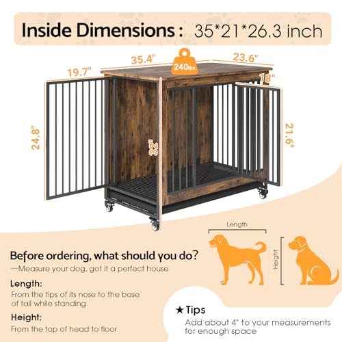 Advwin 38.6" Dog Crate Funiture with Removable Tray, Wooden Kennel Indoor, 2 Doors & 4 Wheels, Heavy Duty Sturdy Corner End Table, Cage for Small Medium Large Dogs, 38.6" L x 23.4" W x 32" H, Brown