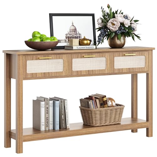 ELYKEN 51.2" Entryway Table with 3 Rattan Drawers, Boho Console Table Narrow with Storage, Long Sofa Table for Behind Couch Entry Hallway, Entrance, Living Room, Oak Brown ELYKEN