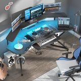 Auromie 72" Gaming Desk with Power Outlet & Led Strip, Large Wing-Shaped Computer Desk w Monitor Stand & Keyboard Tray & RGB Mouse Pad, Studio Desk w Storage Shelf Headphone Hook Cup Holder Auromie