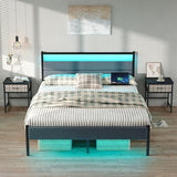 Full Bed Frames with Charging Station, LED Lights Bed with Grey Upholstered Headboard, Under Bed Storage, With Heavy Duty Slats Support, No Box Spring Needed, Noise Free, Easy Assembly, Black CollaredEagle