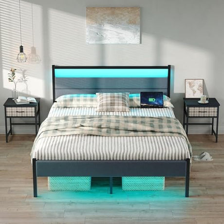 Full Bed Frames with Charging Station, LED Lights Bed with Grey Upholstered Headboard, Under Bed Storage, With Heavy Duty Slats Support, No Box Spring Needed, Noise Free, Easy Assembly, Black CollaredEagle