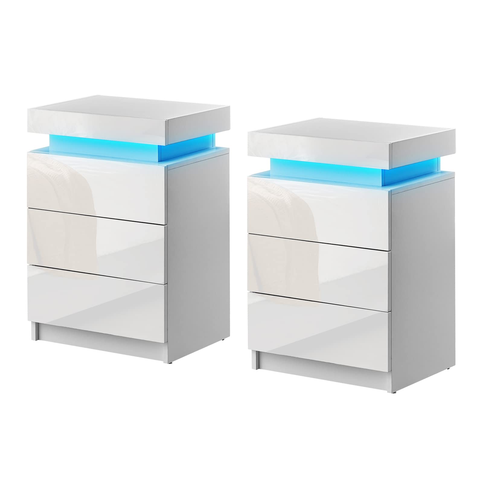 CLIPOP Modern Nightstand Set of 2, LED Night Stand with 3 High Gloss Chest of Drawers, Bedside Table Cabinet with Remote Control Lights, Wood Matte Nightstand 21.6" Tall Bedroom Furniture, Wh - WoodArtSupply