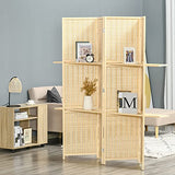 HOMCOM 4-Panel Folding Room Divider, 6 Ft Freestanding Bamboo Privacy Screen Panel with Storage Shelves for Bedroom or Office, Natural Wood Color HOMCOM