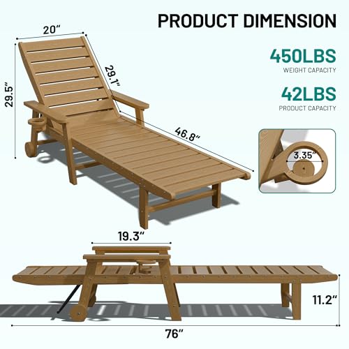 PLUUV HDPE Outdoor Lounge Chairs Set of 2, Patio Chaise Lounge Chairs for Outdside with 5-Position Adjustable Backrest & Cup Holders & Wheels for Patio, Deck, Poolside, Backyard -Brown