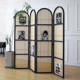 Furnnylane 4 Panel Room Divider Screen and Folding Panel Screen in Arch Shape and Book Storage Function,Double Sided Rattan Divider for Room Separation,Brown,70.9" H x 70.9" W Furnnylane