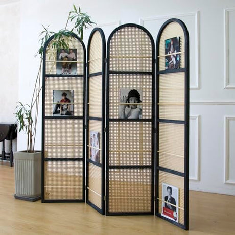Furnnylane 4 Panel Room Divider Screen and Folding Panel Screen in Arch Shape and Book Storage Function,Double Sided Rattan Divider for Room Separation,Brown,70.9" H x 70.9" W Furnnylane