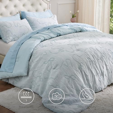 Bedsure Dusty Blue King Size Comforter Set, GentleSoft™ 3 Pieces Breathable Bow Comforter Set Women with 2 Pillow Shams, Cute King Bedding Set Room Decor Aesthetic Bedroom Decor, 104x90 Inches Bedsure