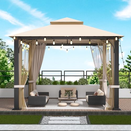 10x10FT Softtop Gazebo with Nettings and Curtains,Heavy Duty Double Roof Canopy,Galvanized Steel Design Outdoor Canopy Shelter for Patio, Backyard, Lawn, Garden, Deck