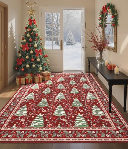 GarveeHome Red Christmas Rug 5x7 Washable Soft Stain Resistant for Living Room Bedroom Nursery Office Christmas Tree Animals Print Holiday Decor Low-Pile Carpet GarveeHome