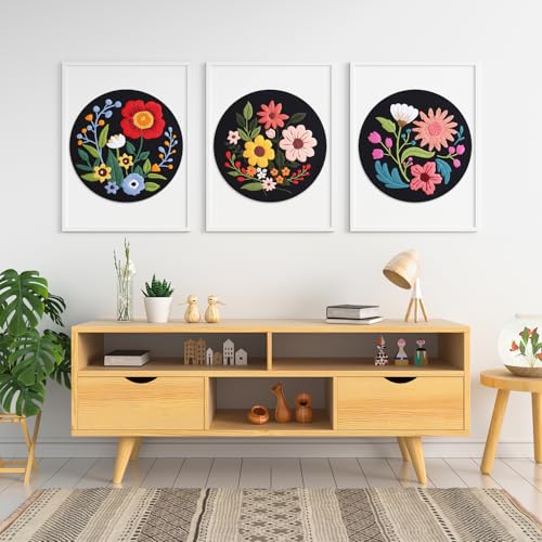 Louise Maelys 3 Sets Flowers Embroidery Kits for Beginners,Cross Stitch Kit for Adults,Crewel Starters Needlepoint with Floral Pattern,Hoop,Threads and Instruction