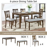 Trygoal 6-Piece Dining Table Set for 4-6 People, Kitchen Set with 4 Upholstered Chairs and One Bench, Living Room Chairs with Slatted Backrest, Rectangular Wooden Table for Home Bar, Walnut Trygoal