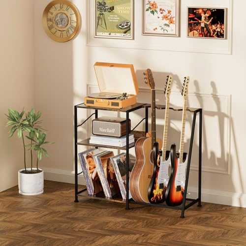 Hosfais Record Player Stand, 3 Tier Guitar Stand for Acoustic, Electric Guitar, Bass Stand, Vinyl Record Storage Up to 200 Albums, Brown Records Shelf for Living Room Bedroom (Rustic Brown) Hosfais