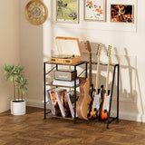 Hosfais Record Player Stand, 3 Tier Guitar Stand for Acoustic, Electric Guitar, Bass Stand, Vinyl Record Storage Up to 200 Albums, Brown Records Shelf for Living Room Bedroom (Rustic Brown) Hosfais