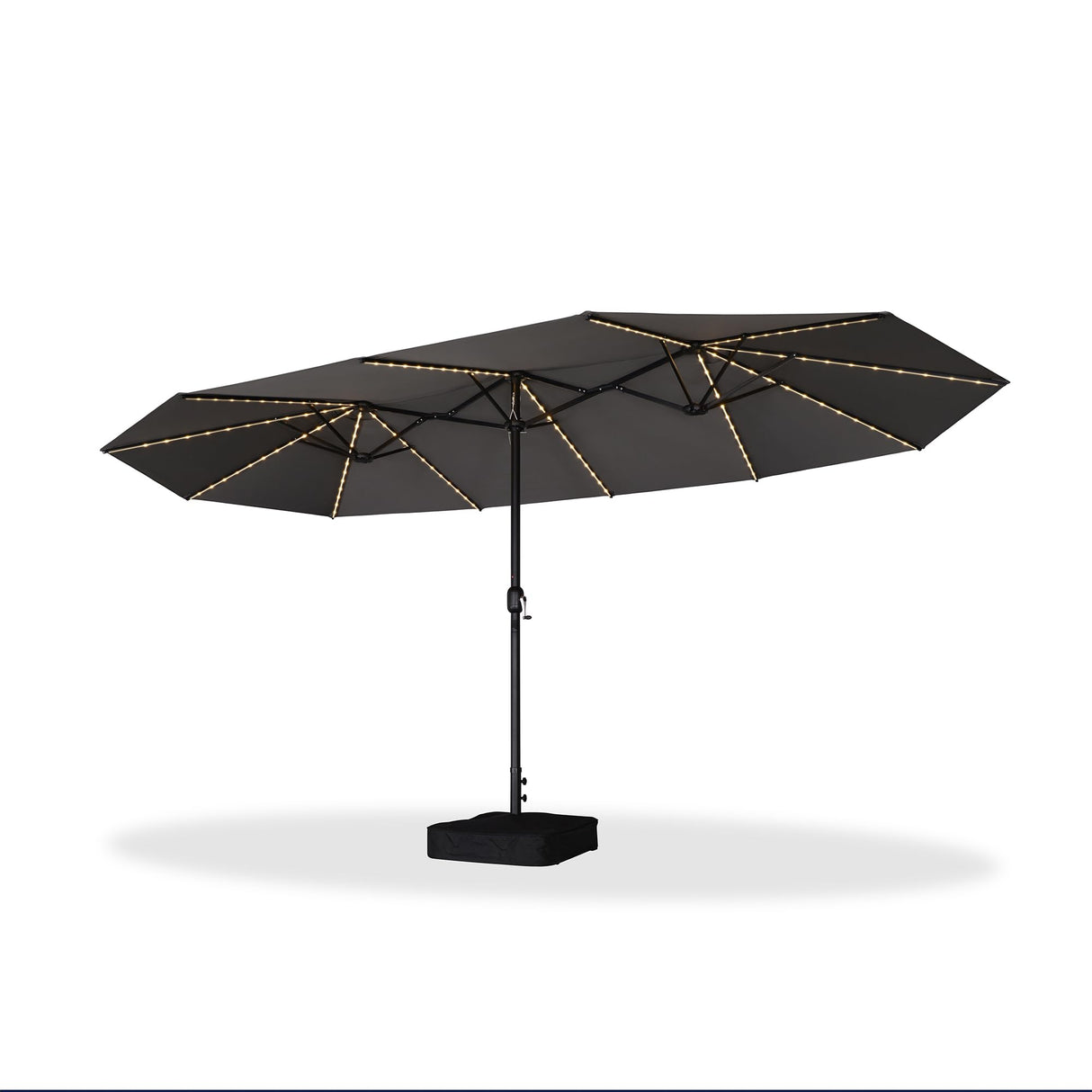 PURPLE LEAF 15ft Patio Market Umbrella with Solar LED and Base Double-Sided Rectangle Outdoor Table Sun Umbrellas with Crank for Pool Beach Deck Backyard Light Gray PURPLE LEAF