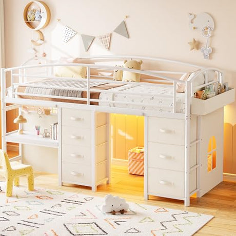 Low Loft Bed Twin Size with 7 Storage Drawers, Desk and LED Lights, Heavy Duty Metal Kids Loft Bed with 12" H Safety Guardrail, Anti-Collision Pad, Private Play Curtain, Under-Bed Play Space (White) Jocoevol