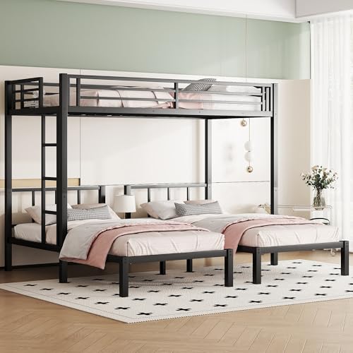 Twin Over Twin Over Twin Bunk Bed for 3 Kids, Metal Triple Bunk Bed with Full Length Guardrails, Heavy Duty Triple Bunk Bed for Kids, Teens, Black Triple Bed Twin Size Bellemave