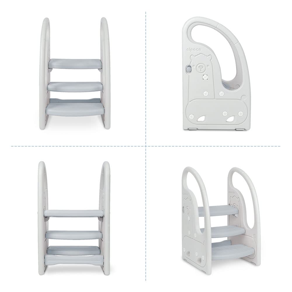 Toddler 3 Step Stool Onasti Kids Standing Tower for Toddlers Plastic Learning Helper Stool for Kitchen Counter Bathroom Sink Toilet Potty Training with Handles and Non-Slip Pads-Grey White Onasti