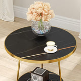 Tribesigns Faux Marble End Table, 2 Tier Round Side Table with Shelves, Modern Black Nightstand Bedside Table Small Coffee Accent Table for Living Room Bedroom, Black and Gold Tribesigns