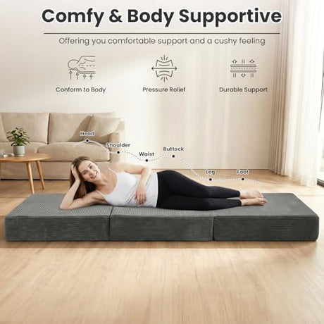 Erament 6-Inch Tri-Fold Mattress Full Size, Covertible Sofa Bed Foldable Futon Mattress with Handles & Non-Slip Bottom, Removable Machine Washable Corduroy Cover for Guest, Camping, Dorm Erament