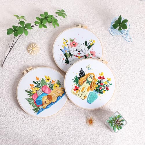GLTAYLMY Cute Dogs Embroidery Kit for Beginners with Pattern and Instructions,3 Pack Cross Stitch Kits,1 Plastic Embroidery Hoops,Threads and Needles,Needlepoint Kit for Adults