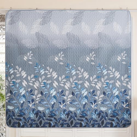 WONGS BEDDING Blue Quilt Set King Size,3 Pieces Navy Blue Floral Bedspread Coverlet Set with 2 Pillowcases,Soft Microfiber Lightweight Grayish Blue Gradient Floral Bedding Set 104"×90" WONGS BEDDING
