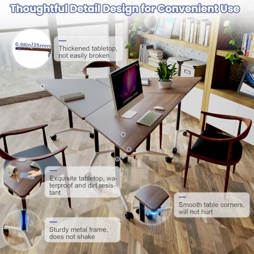 Folding Walnut Trapezoid Conference Tables,47.2" Modern Modular Conference Room Tablesfor 10 People,Mobile Training Table with Wheels,Flip Top Rolling Seminar Meeting Table (8 Pack) FERYSUN