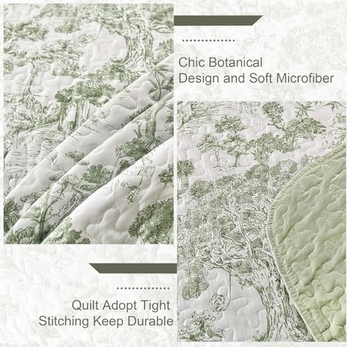 WONGS BEDDING Botanical Quilt Set King, Sage Green 3 Pieces Toile Floral Plants Printed Bedspread Bedding Set Soft Lightweight Microfiber Coverlet Set for All Season (104"x90") WONGS BEDDING