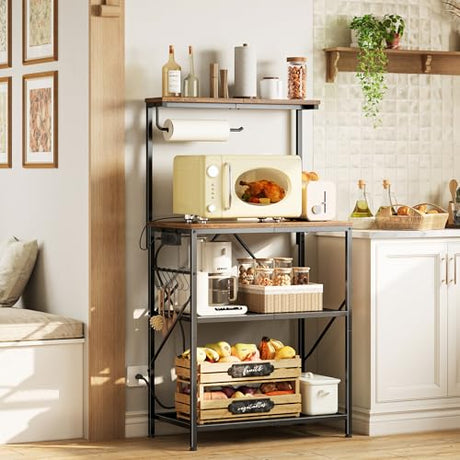 Huuger 4-Tier Bakers Rack with Reversible Power Outlet, 23.6 Inch Microwave Stand, Kitchen Coffee Bar, with Top Shelf, 6 S Hooks, Rustic Brown Huuger