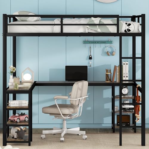 Full Size Loft Bed with Desk and Storage Shelves, Heavy Duty Metal Loft Bed with L-Shaped Desk and Ladder, Full Size Loft Bed for Kids, Teens, Black Loft Bed Full Size Bellemave