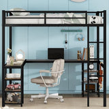 Full Size Loft Bed with Desk and Storage Shelves, Heavy Duty Metal Loft Bed with L-Shaped Desk and Ladder, Full Size Loft Bed for Kids, Teens, Black Loft Bed Full Size Bellemave