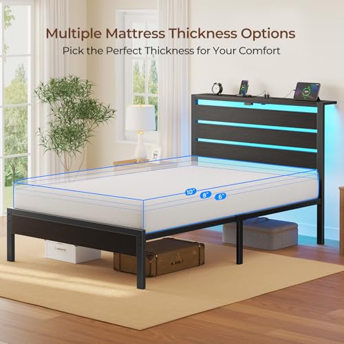 Rolanstar Twin Bed Frame with 6 Inch Gel Memory Foam Mattress, LED Metal Platform Bed with USB Charging & Storage Headboard, Black, CertiPUR-US Certified Mattress Rolanstar