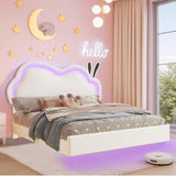 Jocisland LED Full Bed Frame for Girls Upholstered Floating Bed with Cute Cloud Headboard, No Box Spring Needed, Leather, White Jocisland