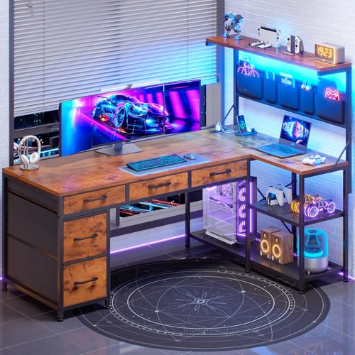 SEDETA L Shaped Desk with Drawers and Hutch, 47.2" Reversible Office Computer Desk with 5 Fabric Drawers, L Shaped Desk with Storage Shelves, Power Outlet and LED Lights for Home Office, Rustic Brown SEDETA