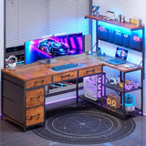 SEDETA L Shaped Desk with Drawers and Hutch, 47.2" Reversible Office Computer Desk with 5 Fabric Drawers, L Shaped Desk with Storage Shelves, Power Outlet and LED Lights for Home Office, Rustic Brown SEDETA