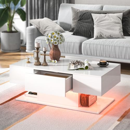 Tangkula LED Coffee Table with 2 Drawers, High Glossy Modern Center Table, 20-Color Dimmable LED Lights & Remote Control, 2-Tier Rectangle Coffee Table for Living Room (with Drawer, White) Tangkula