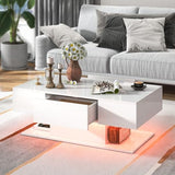 Tangkula LED Coffee Table with 2 Drawers, High Glossy Modern Center Table, 20-Color Dimmable LED Lights & Remote Control, 2-Tier Rectangle Coffee Table for Living Room (with Drawer, White) Tangkula