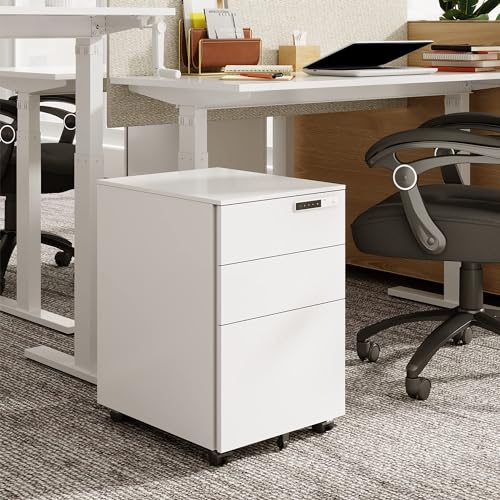 DEVAISE 3-Drawer Mobile File Cabinet with Smart Lock, Pre-Assembled Steel Pedestal Under Desk, White DEVAISE